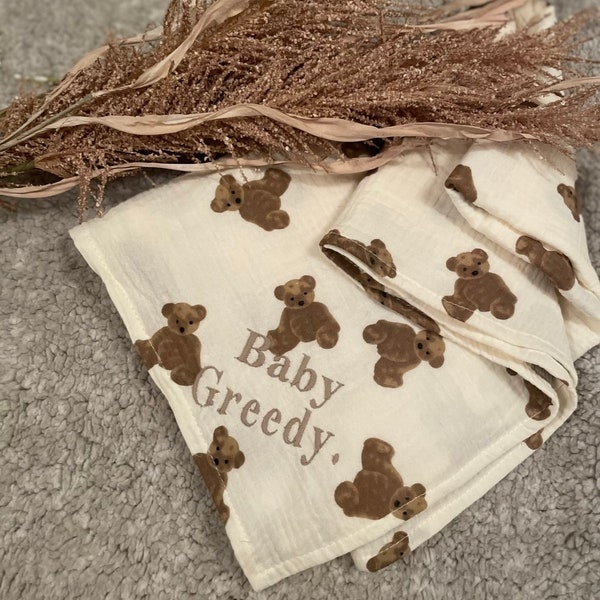 Personalised teddy bear baby muslin cloth, personalised swaddle,personalised newborn baby gift,name announcement,hospital bag essential