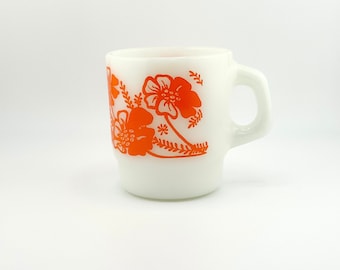 Orange Hibiscus Vintage Anchor Hocking Vintage Mug Orange Flower Milk Glass Mug