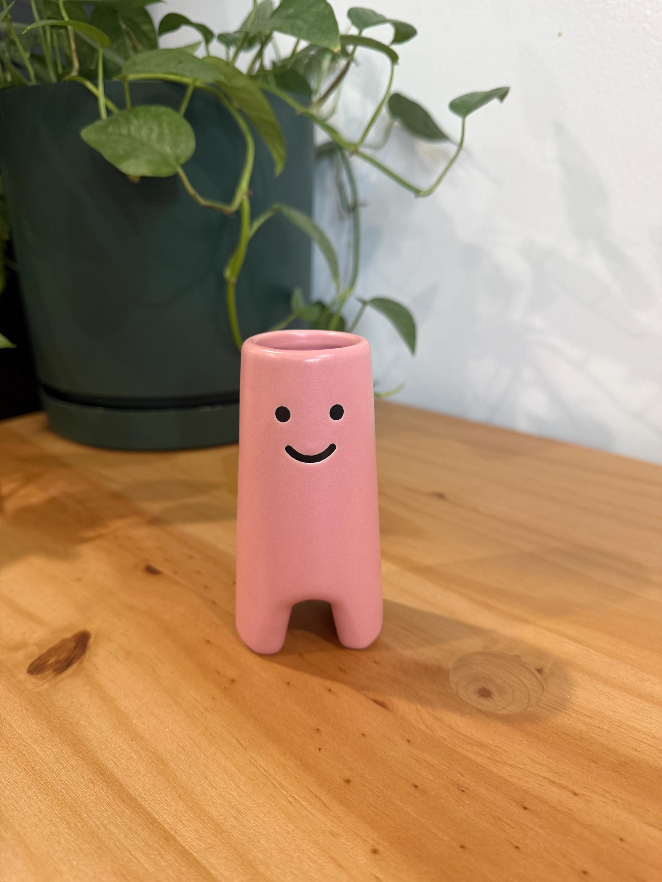 IKEA Small Pink Vase Happy Sad Face Footed