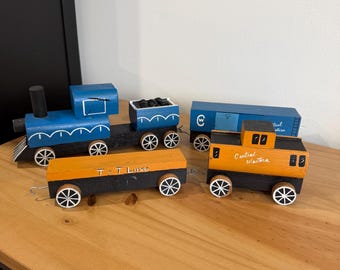 Wooden Vintage Hand Made and Handpainted Toy Train Blue and Yellow