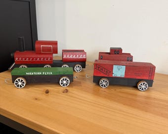 Wooden Vintage Hand Made and Handpainted Toy Train Red and Green