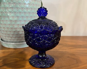 Vintage L.G Wright Cobalt Daisy and Button Candy Dish