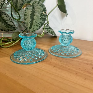 Pair of Fenton Turquoise Hobnail Candle Holders