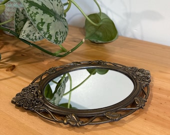 Ornate Bronze Brass Mirror Tray Floral