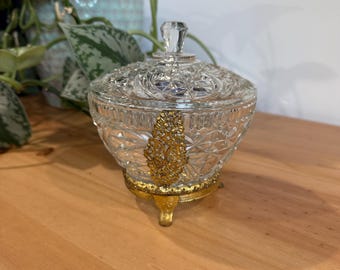 Vintage Cut glass with ornate gold metal footed dish