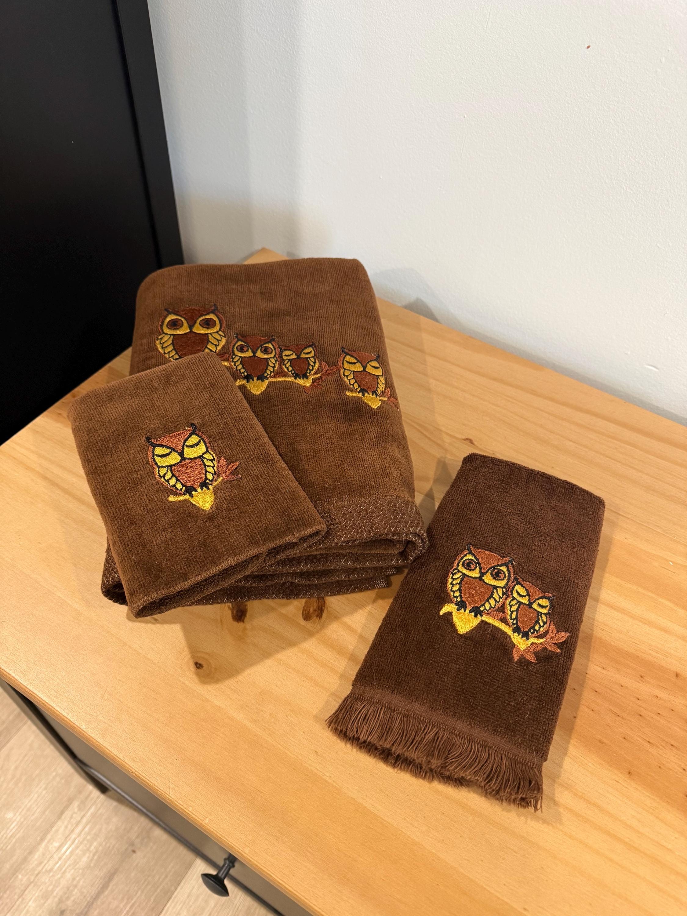 Vintage Martex Owl Towel Set Bath and Hands Brown