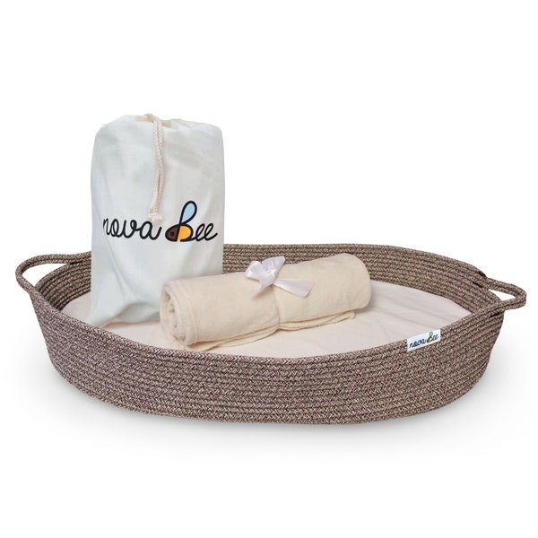 Cotton Rope Baby Changing Basket with Removable Mattress Cover, Plush Blanket, and Storage Bag