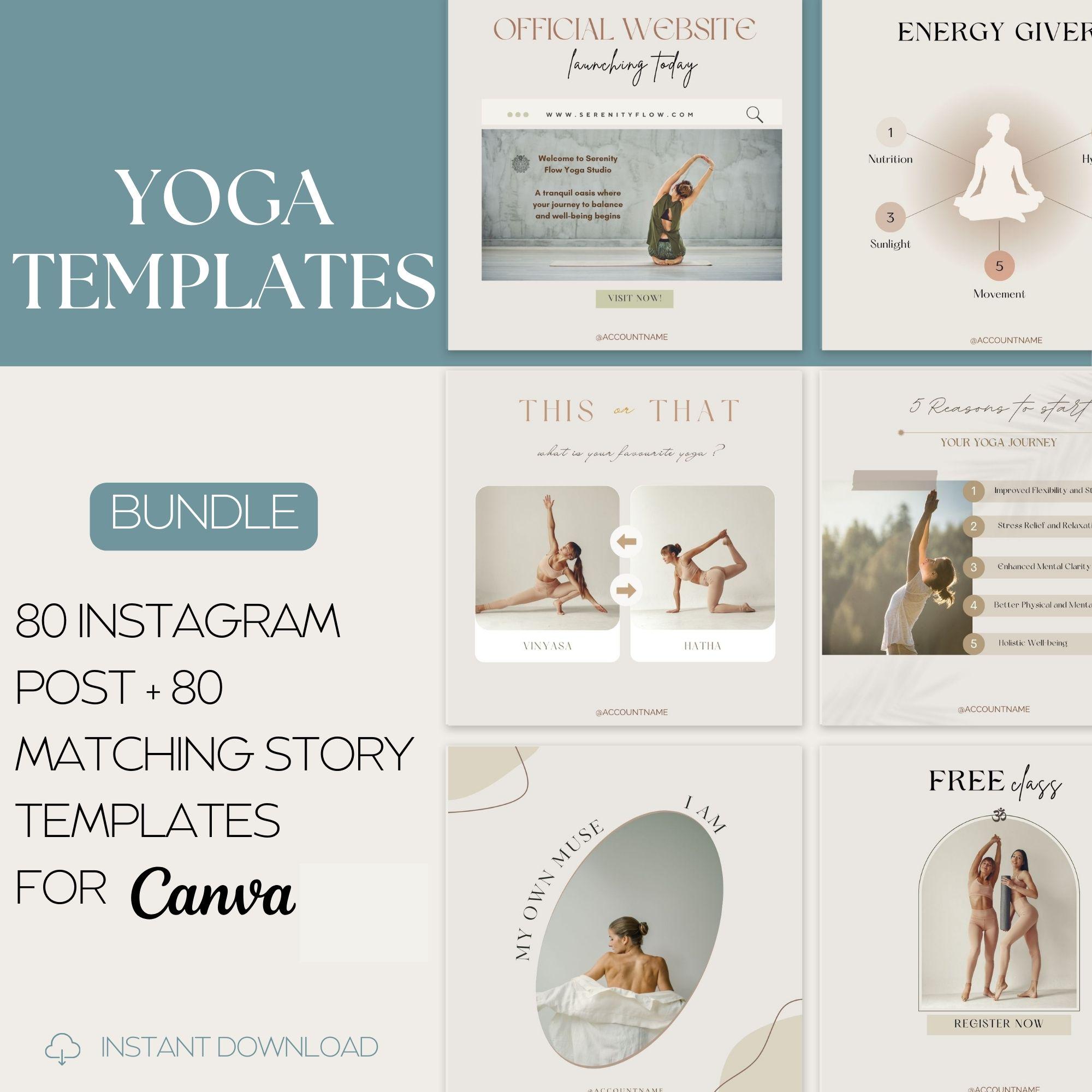 Yoga Instagram Canva Template Bundle for Yoga Studio Social Media ...