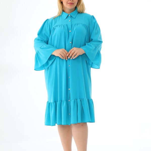 Women's Plus Size Ruffle Button Knee-Length Midi Shirt Dress