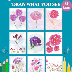 May include: A teal reverse colouring book titled REVERSE COLORING BOOK DRAW WHAT YOU SEE with 44 pages. The cover features nine watercolour floral illustrations in shades of pink, purple, and red, with green and yellow pencil graphics at the bottom.