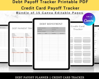Puede incluir: Un planificador digital de pago de deudas y un rastreador de tarjetas de crédito. La imagen muestra varias páginas digitales con el texto "Debt Payoff Tracker Printable PDF" y "Credit Card Payoff Tracker". Las páginas incluyen secciones para el pago de deudas y el seguimiento de tarjetas de crédito.