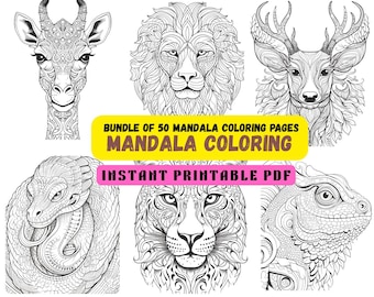 Zen Mandala Animals | Coloring Pages for Adults - Lion, Monkey, Snake, Camel