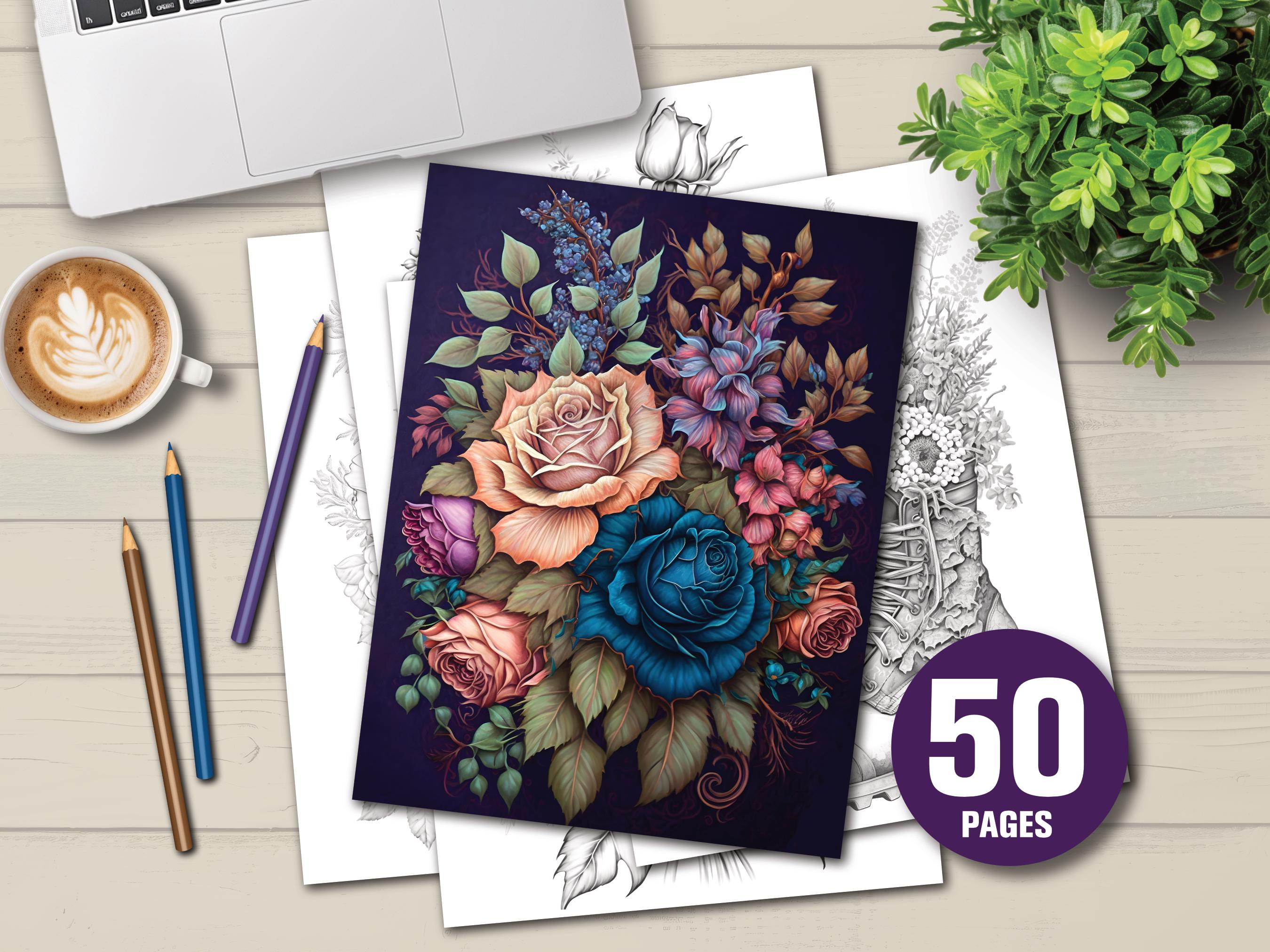50 páginas para colorear de flores fáciles PDF – Diseños florales relajantes para adultos y niños