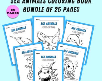 Op de afbeelding: Een bundel van 25 kleurboekpagina's met zeedieren. Elke pagina toont een ander zeedier, waaronder een haai, een dolfijn en een zeepaardje, met de tekst "SEA ANIMALS COLORING". De omslag luidt "SEA ANIMALS COLORING BOOK BUNDLE OF 25 PAGES".