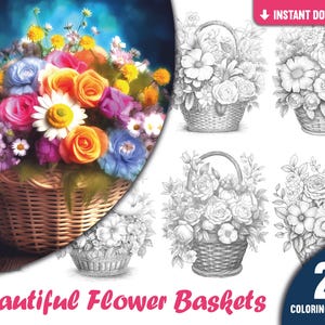 Flower Basket Coloring Book: 25 Grayscale Bouquet Pages (PDF Download)