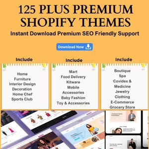 Puede incluir: Un anuncio de más de 125 temas premium de Shopify. La imagen presenta el texto "125 PLUS PREMIUM SHOPIFY THEMES" y enumera categorías como Hogar, Muebles, Diseño de interiores y Comercio electrónico. También es visible un botón "Descargar ahora".