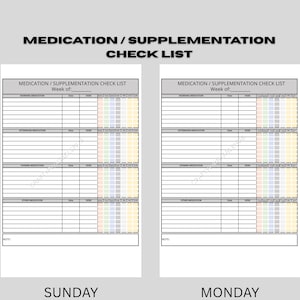 Puede incluir: Dos plantillas de lista de verificación de medicamentos/suplementos, una para el domingo y otra para el lunes. Cada lista incluye secciones para medicamentos de la mañana, tarde, noche y otros.