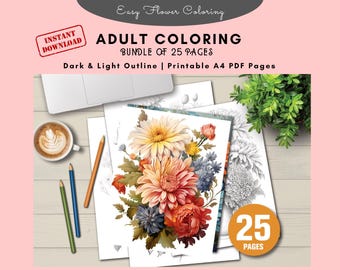 Dibujos de flores para colorear para imprimir, ideales para niños y adultos / Láminas relajantes para colorear / Descarga instantánea