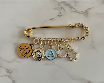 Personalized gold baby pin | evil eye pin | stroller pin | baptism pin | baby keepsake |ayatul kursi pin| islamic baby gift| Allah baby pin