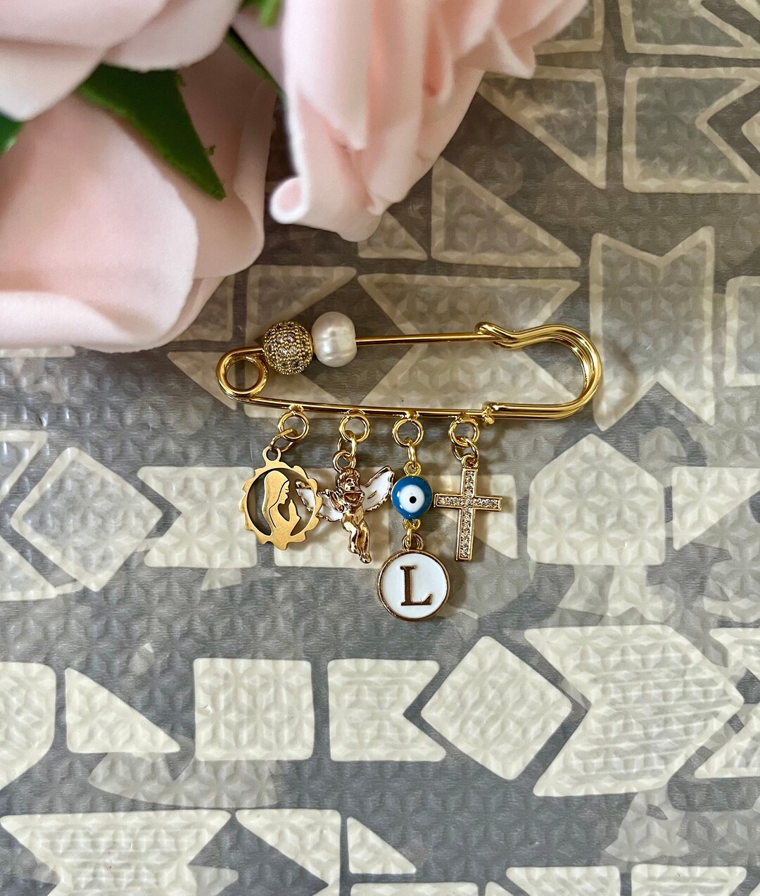 Eye Shaped Pin 24 K Gold Plated Baby Pin | Evil Eye Pin | Pram Pin | Baptism Pin ...