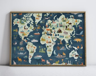 May include: A colourful world map print with a blue background and green and brown landmasses. The map features various animals from around the world, including a polar bear, a penguin, a giraffe, and a kangaroo.