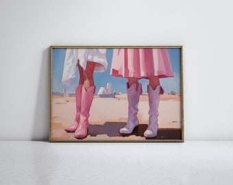 Arte de pared occidental femenino, impresión retro, arte rosa, botas de vaquero, decoración de pared, arte femenino rosado, decoración de pared