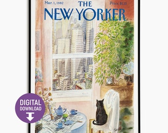 Cat Room Window Painting, New Yorker Print, Wall Art, Soft Tone, home decor, New York Cityscape, , Digital file, Digital Download, Instant