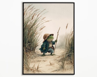 Frog Traveler Print, Moody Cottagecore Animal Art, Quirky Wall Decor