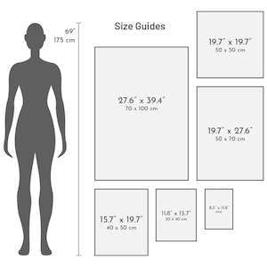 May include: Size guide for art prints with measurements in inches and centimeters. The guide shows a person standing next to different sized prints, with the largest print measuring 27.6 inches by 39.4 inches (70 cm by 100 cm).