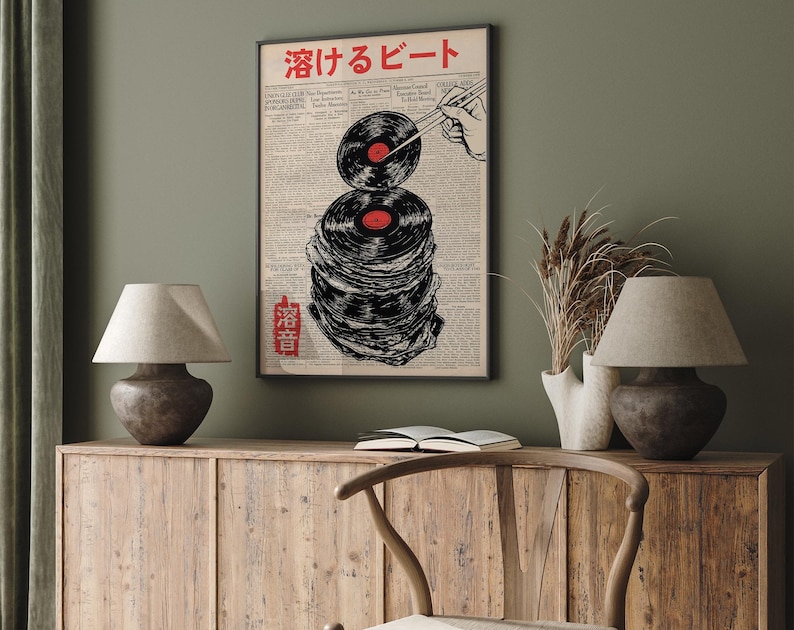 May include: A vintage-style poster with a stack of vinyl records, a pair of chopsticks, and the Japanese text "溶けるビート" (Yokeru Bito) which translates to "Melting Beat".