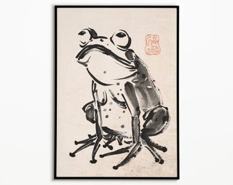 Curious Frog, Vintage Frog Woodblock Poster, Ukiyo-e Frog Print, Japanese Frog Printable Wall Art, Matsumoto Hoji Style