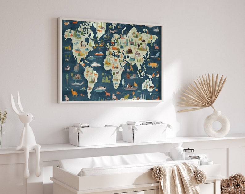 Kids World Map Poster: Animal Decor, Nursery Wall Art - Etsy