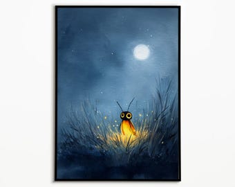 May include: A framed art print shows a glowing firefly in long grass under a full moon. The artwork features a dark blue night sky with stars and a soft, warm glow emanating from the firefly. The artwork is framed in black.