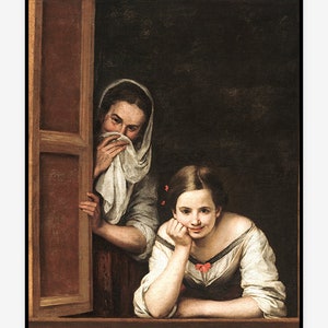 Bathroom Humor, Vintage Art, Funny Portrait Print, Two Women at a Window, Bathroom Poster, Wall Art