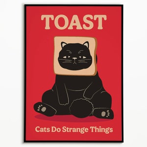 Gatto con pane tostato Poster, Ouirky Wall Art, Decorazione per dormitorio, Stampa murale retrò, Poster di gatto divertente, Regalo per amanti dei gatti, Stampa di gatto carino