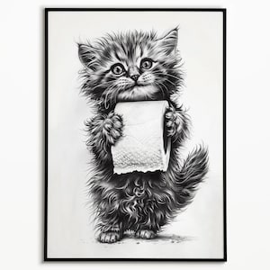 Cat Bathroom Poster: Black and White Animal Wall Art