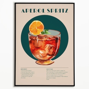Aperol Spritz Print, Trendy Cocktail Art, kitchen Wall Decor, Bar Cart Decor, Classic Cocktail Art, Vintage, Cocktail Recipe Art