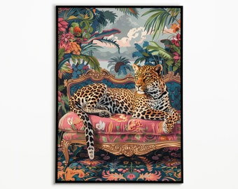 May include: A leopard lounges on a pink and gold ornate couch with floral upholstery. The couch is set against a backdrop of lush tropical foliage and a cloudy sky.