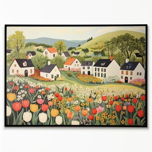 Hilly Village With Tulips,  Spring Wall Art, Nature Mountain Landscape Painting, Cute Spring Wall Art, Spring Village Art, Tulip Spring Town