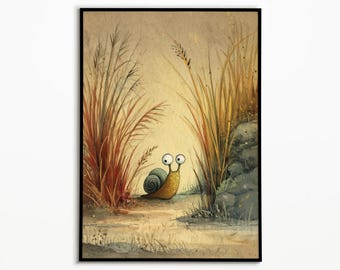 Snail Traveler Print, Cottagecore Animal Art, Moody Quirky Wall Decor
