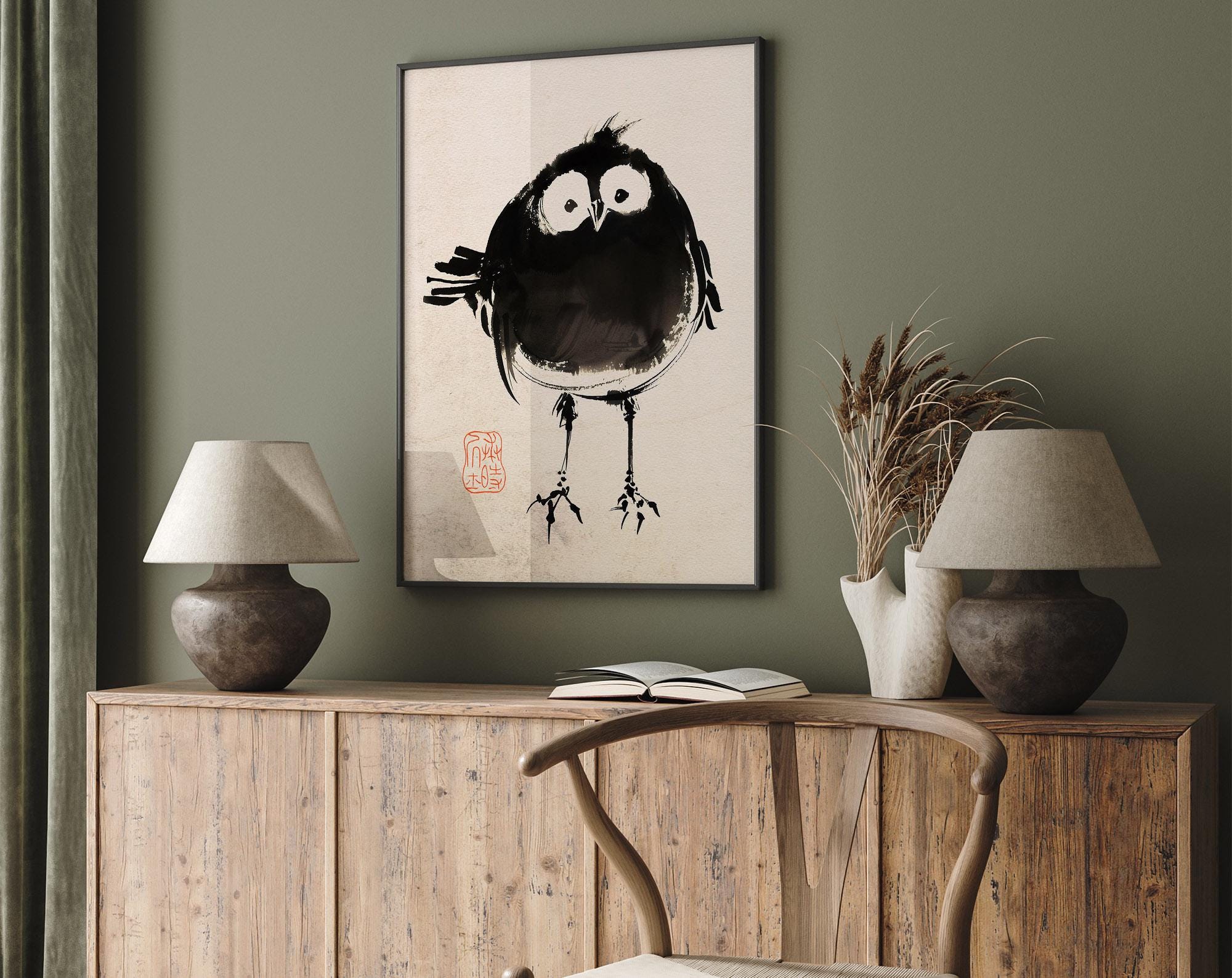 日本の水墨画風鳥ポスター、ミニマルな動物の壁アート、かわいい筆絵