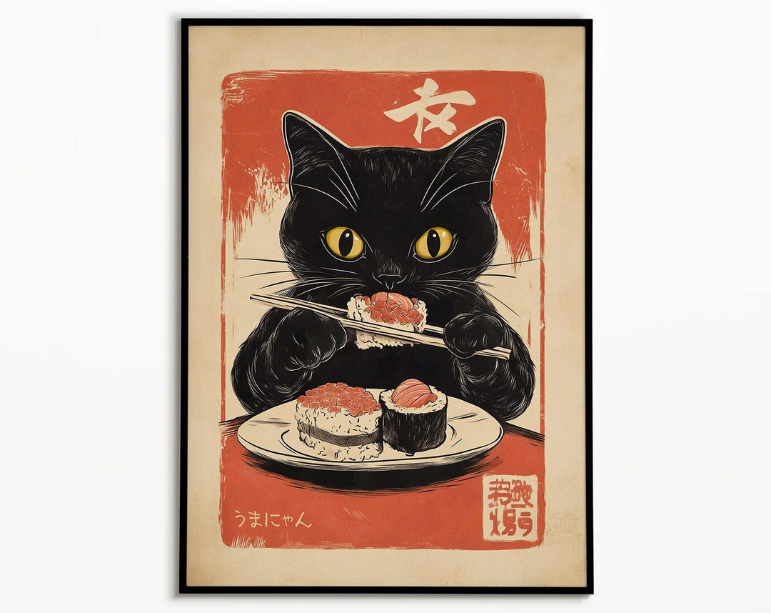 Retro Japanese Cat Sushi Poster: Kawaii Anime Kitchen Art - Etsy