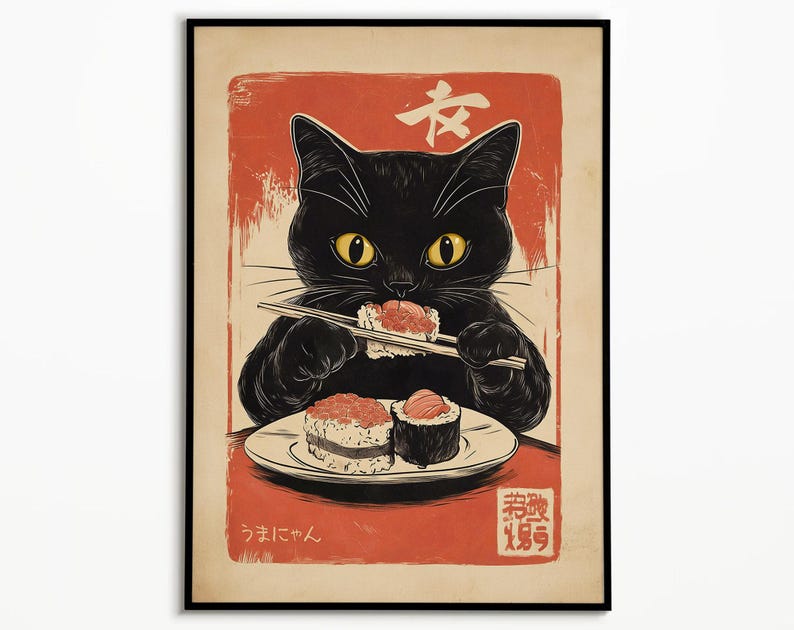 Retro Japanese Cat Sushi Poster: Kawaii Anime Kitchen Art - Etsy