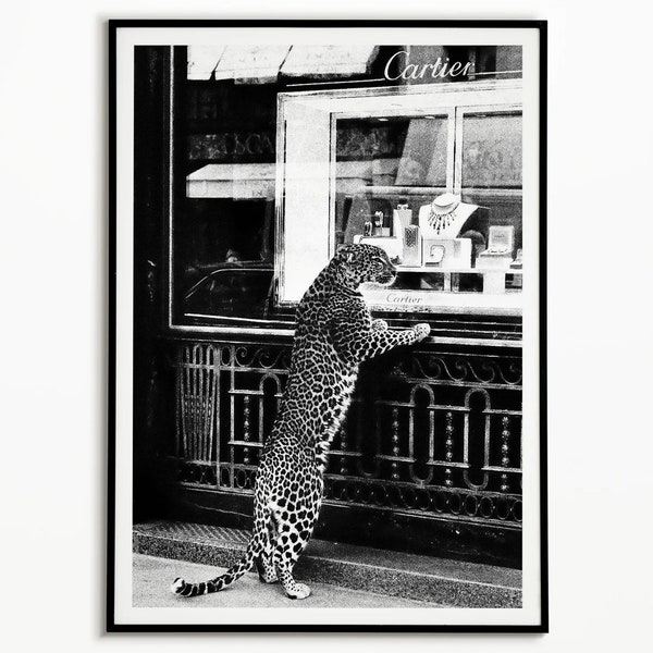 Panther in the Jewelry Shop Poster, Cheetah Print, Black and White, Vintage Photography, Fashion Print, 1950 Wall Art Poster, Vintage Poster