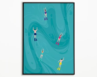 Swimmers Art Print: Ocean Swimming Poster, Summer Wall Decor