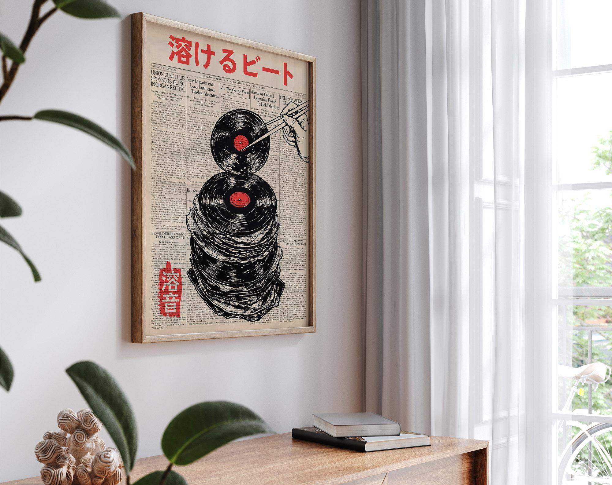 Japanese Retro Music Poster: Melting Vinyl Record Newspaper Print