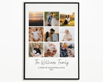May include: A framed print featuring a collage of nine family photos. The print includes the text "The Williams Family" and "A Year of Laughter & Love 2021" in a handwritten style. The photos depict various family moments.