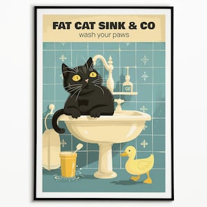 Fat Cat Bathroom Print: Funny Animal Vintage Restroom Wall Art