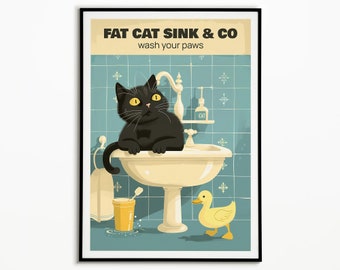 Fat Cat Bathroom Print: Funny Animal Vintage Restroom Wall Art