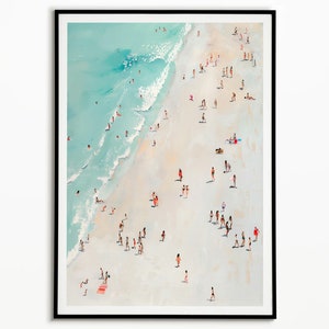 Blauer Strand, Sommer Poster, winzige Leute schwimmen im Ozean Druck, Strandhaus Dekor, Sommer druckbare Wandkunst